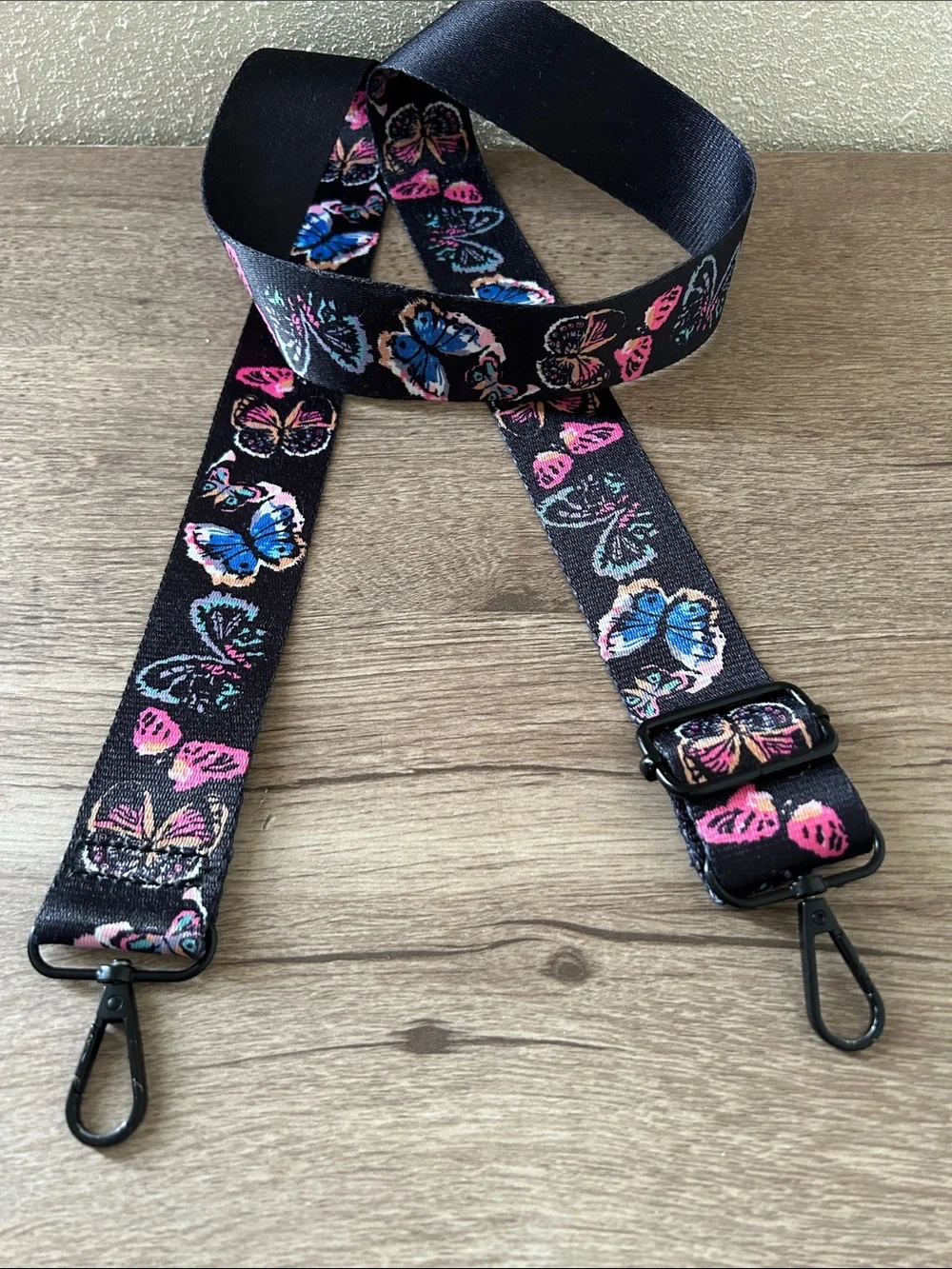 Adjustable Black Strap Replacement with Pink & Blue Butterfly Print